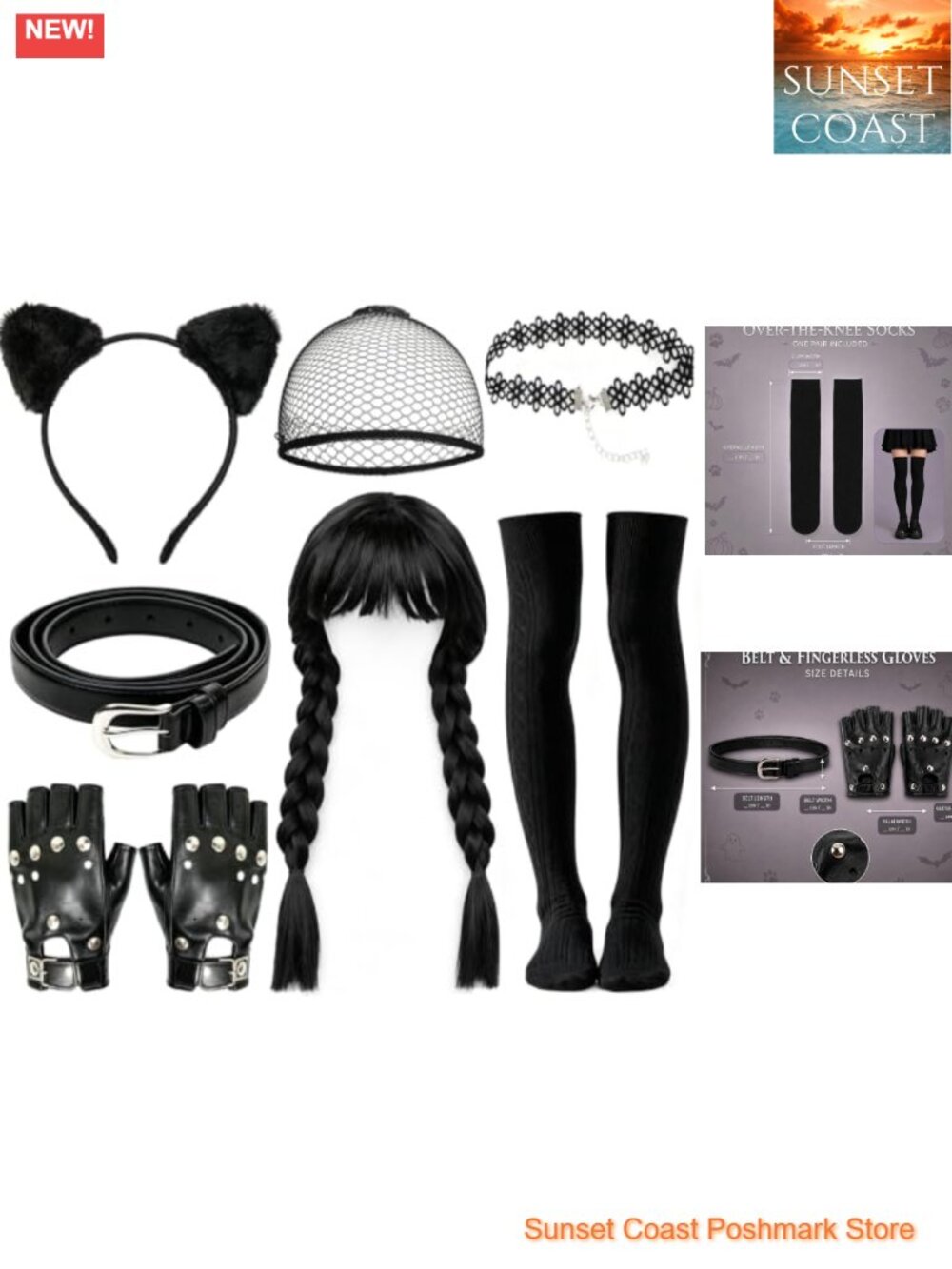 Gothic Cat Costume Accessory Set Braided Wig Choker Belt Gloves 6 Pc